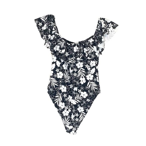 NWT Cabana del Sol Black w/Floral Print, Lined, Ruffled, One-Piece Swimsuit - S - Picture 7 of 7